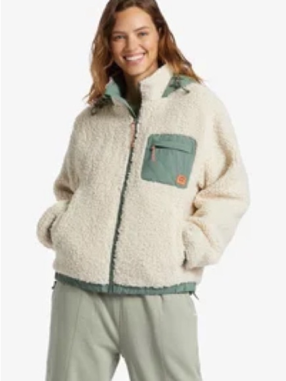 Billabong Northern Shore Hooded Zip Jacket, Ivory Sherpa Jacket with Green Trim